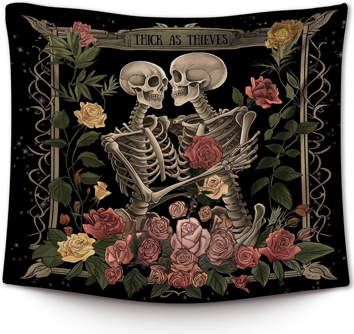 Black Gothic Skull Lovers Wall Tapestry Vintage Skeleton Lovers Wall Tapestry Hanging for Bedroom ValentinesGoth Floral Room 74x94cm(29x37in)