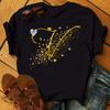 Custom Name Letter Combination Fashion Women T-shirt Diamond Gold Letter Font  Short Sleeve Tops Black T-shirt