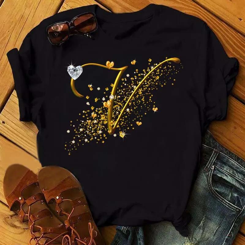 Custom Name Letter Combination Fashion Women T-shirt Diamond Gold Letter Font Short Sleeve Tops Black T-shirt