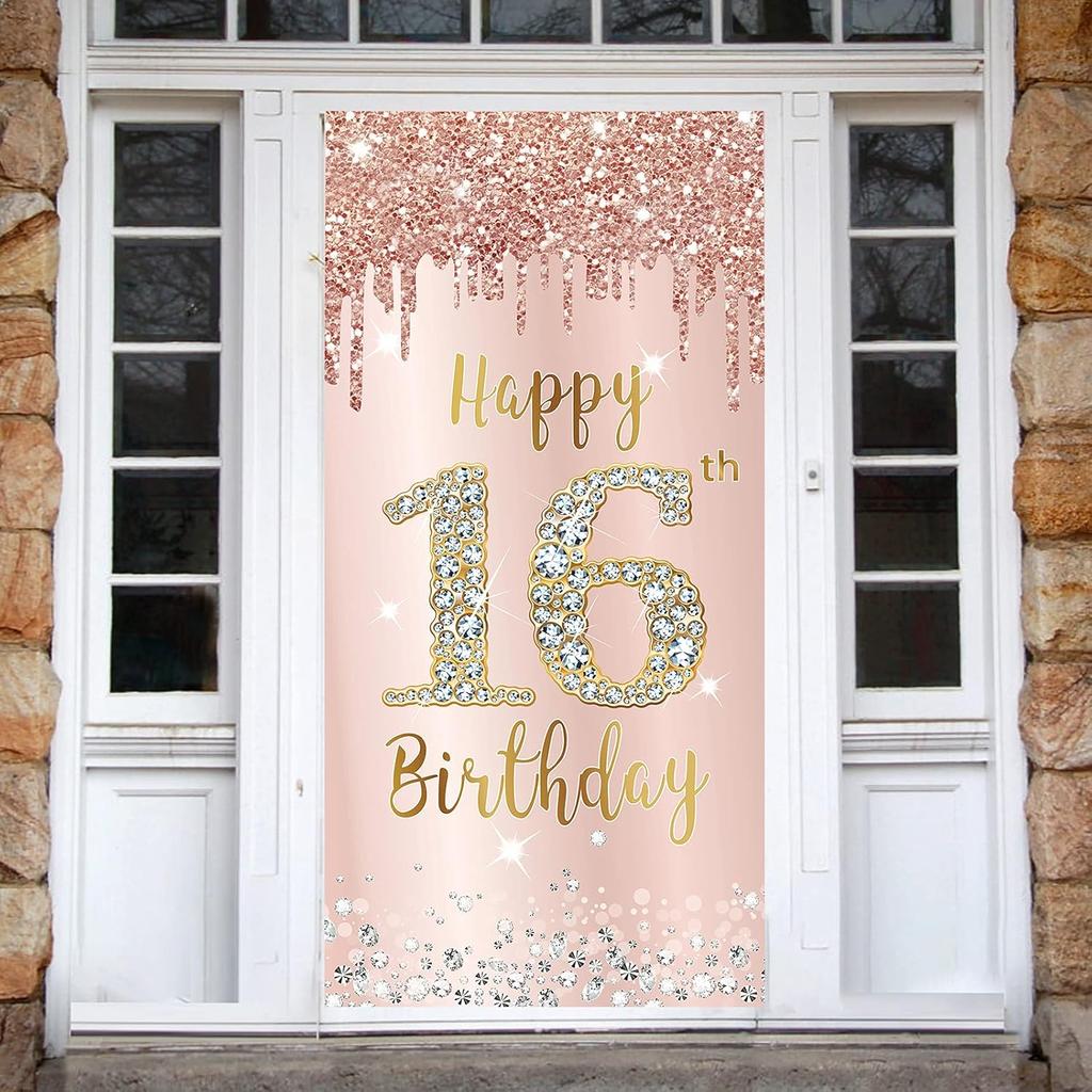 16th Birthday Door Banner Decorations for Girls, Pink Rose Gold Sweet 16 Birthday Door Cover Backdrop Party Supplies, Large Happy Sixteen Year Old