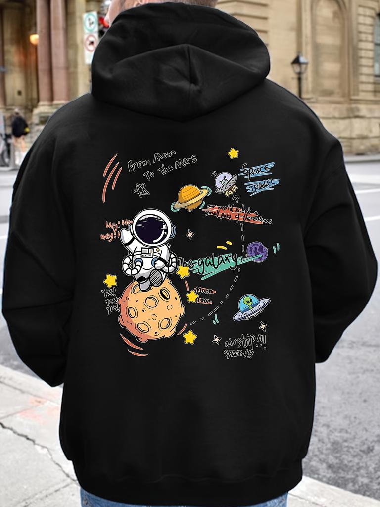 Space Exploration Theme Printed Autumn/Winter Men's Hooded Sweatshirt - Cartoonish Fun Fashion Street Casual Sports Hooded Shirt