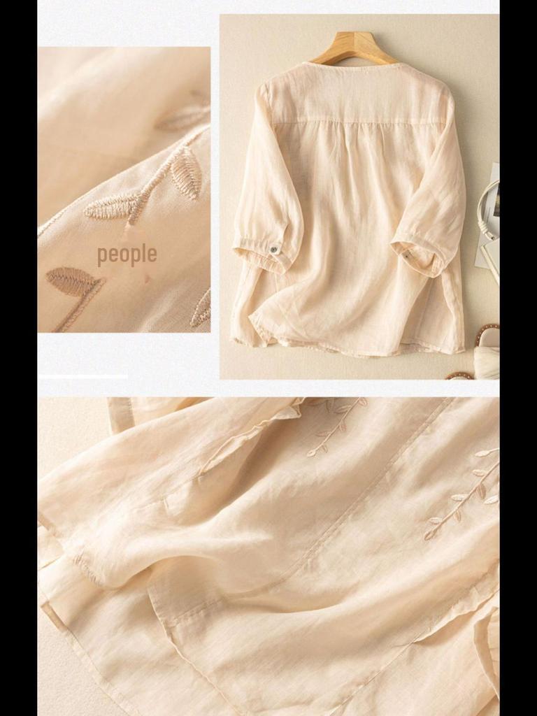 Hauts rétro brodés en coton et lin pour femme - Été 2024, coupe ample, style ethnique polyvalent