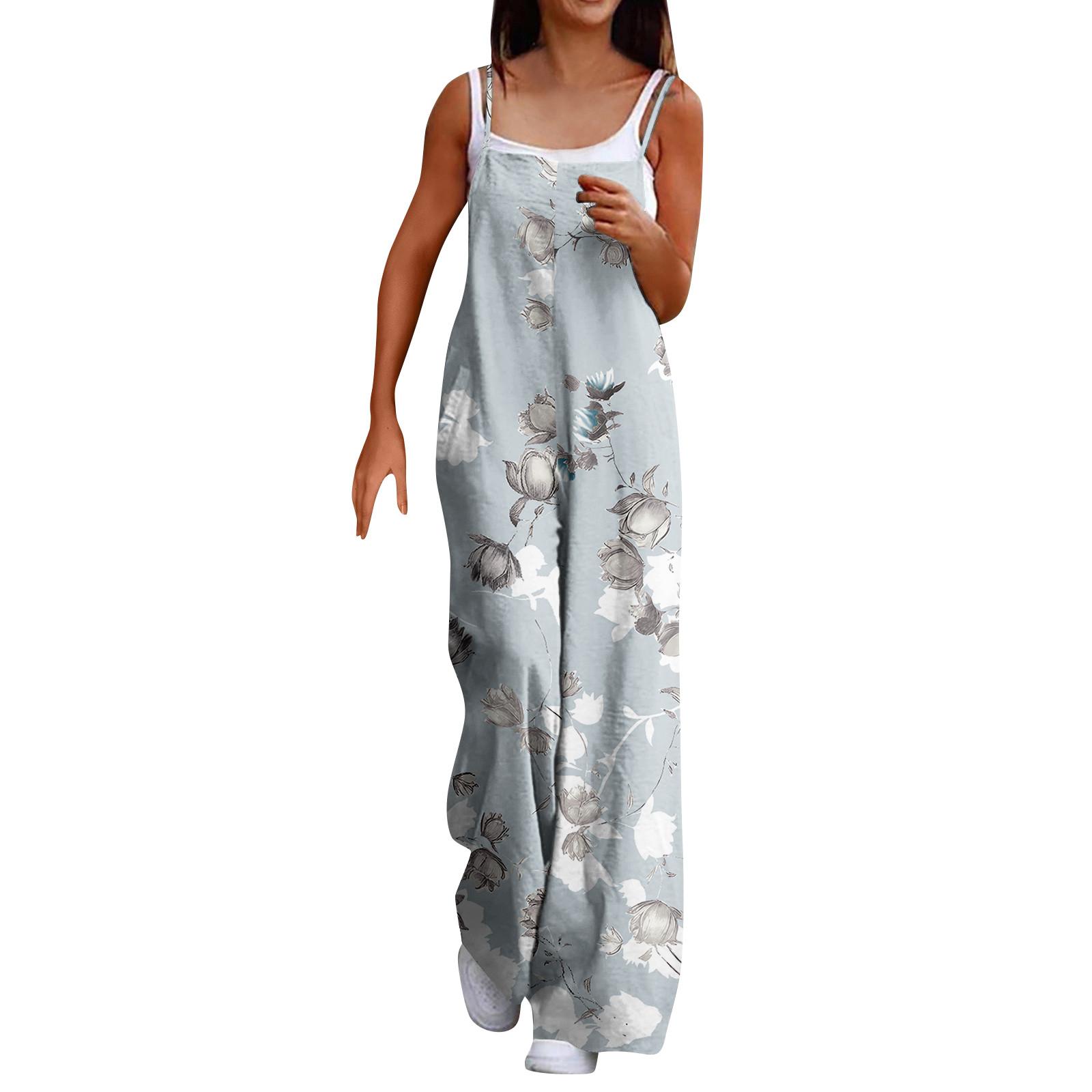 

Wide Leg Overalls For Women Casual Loose Sleeveless Print Button Long Pant Romper Jumpsuit With Pockets M