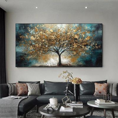 Abstract Gouden en Blauwe Winterboom Canvas Schilderij Muurkunst Rijke Boom Posters Landschap Foto voor Woonkamer Muurdecoratie