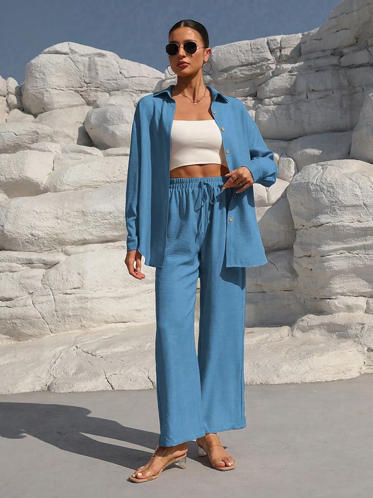 Women's Long Sleeve Shirt and Wide Leg Pants Suit Set