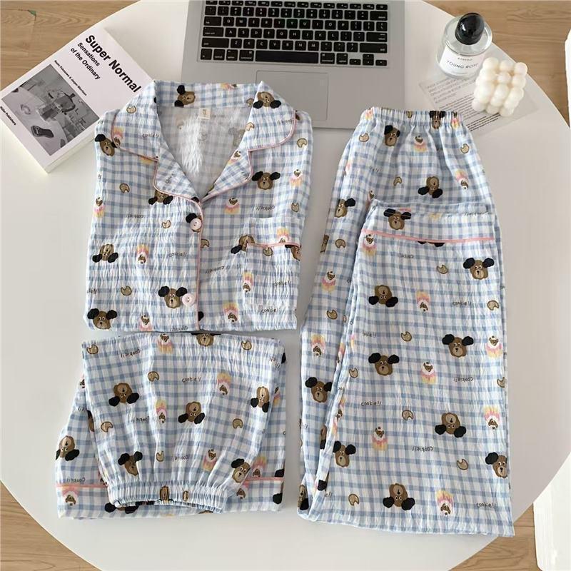 Set de pijamale de vară pentru femei cu pisicuță: Bumbac Nor Scutec cu Mânecă Scurtă, Pantaloni Scurți și Pantaloni Lungi
