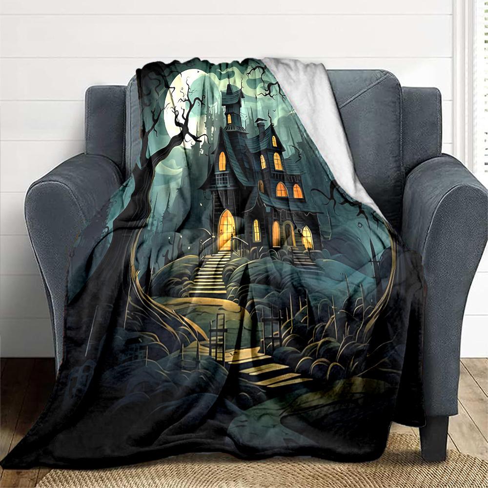 1pc Haunted House Moonlit Night Blanket, Lightweight Flannel Throw Blanket for Sofa, Bed, Travel, Camping, Living Room, Office, Couch, Chair, and Bed