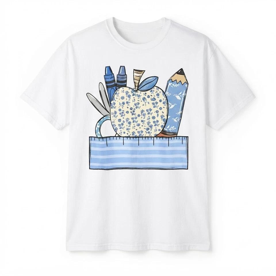 Blue Floral School Supply Personalized Teacher Gift Back To School White T Shirt 2XL