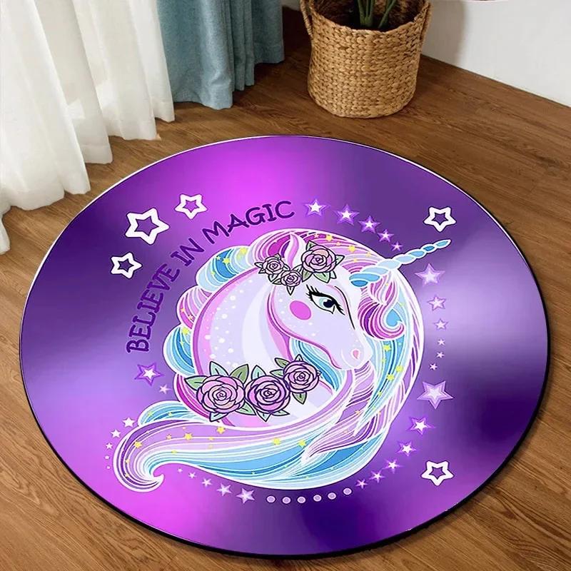 Cute Cartoon Unicorn Round Carpet Non-slip Rug for Office Living Room Bedroom Decor Soft Play Floor Mat Bathroom Kitchen Doormat