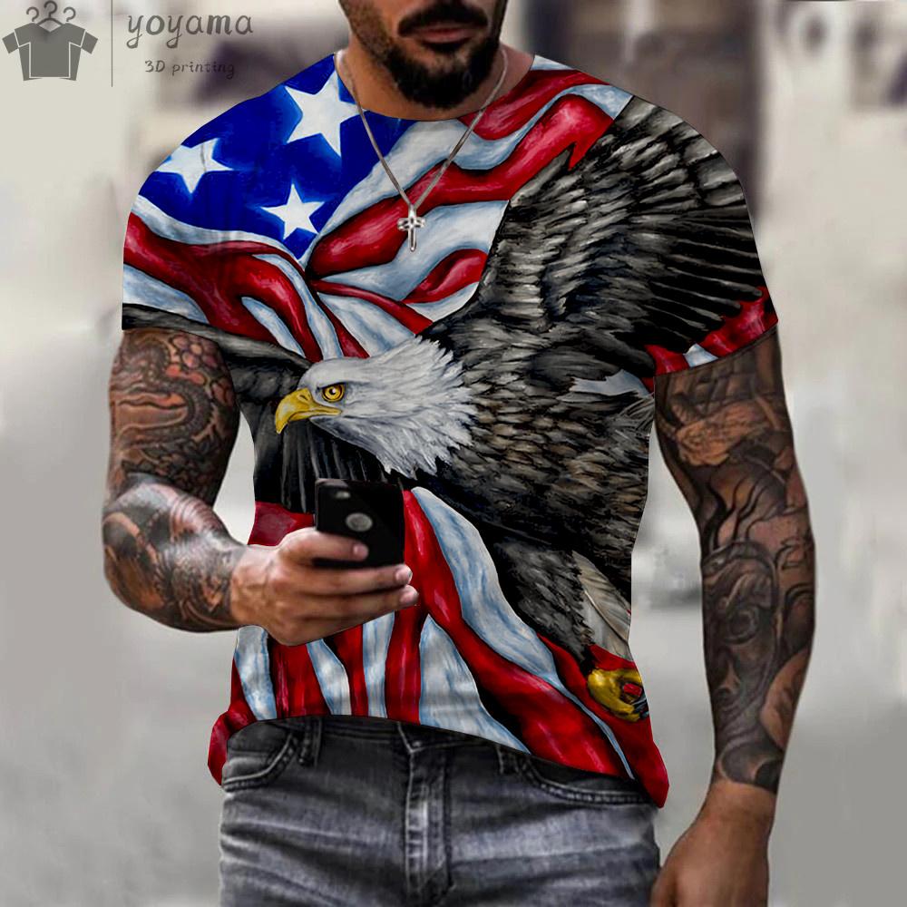 Summer Round Neck 3D American Flag Eagle Graphic Print Top Fashionable Casual Short Sleeved Men's T-shirts