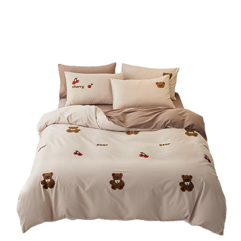 Class A 100% Cotton Brushed 4-Piece Autumn/Winter Bedding Set: Thickened Duvet Cover, Bed Sheet, Fitted Sheet, Cartoon Design