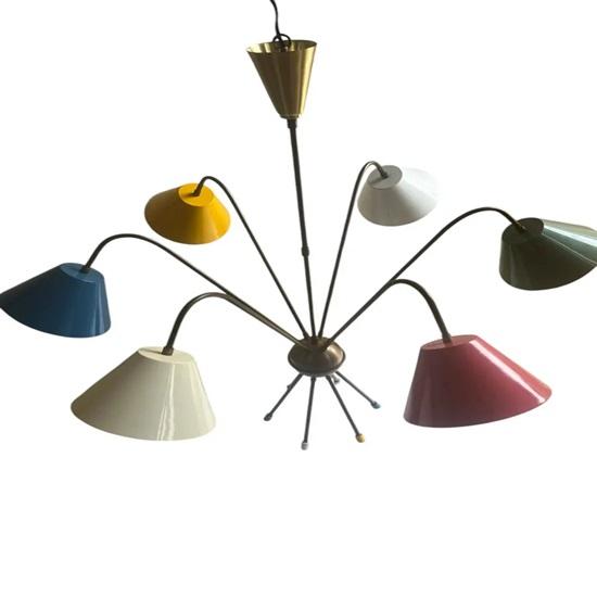 Mid-Century Modern Sputnik Kronleuchter 6-flammig Messing Deckenleuchte Bunte Schirme Retro Hängelampe für Wohn-, Esszimmer