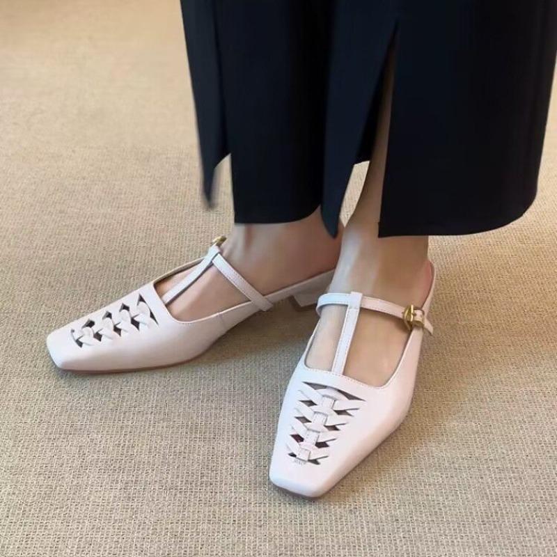 Fashion Women Shoes 2025 Summer New Fashion Hollow Weave Mary Jane Shoe Vintage Breathable Soft Sole Buckle Strap Women Square Toe Flats