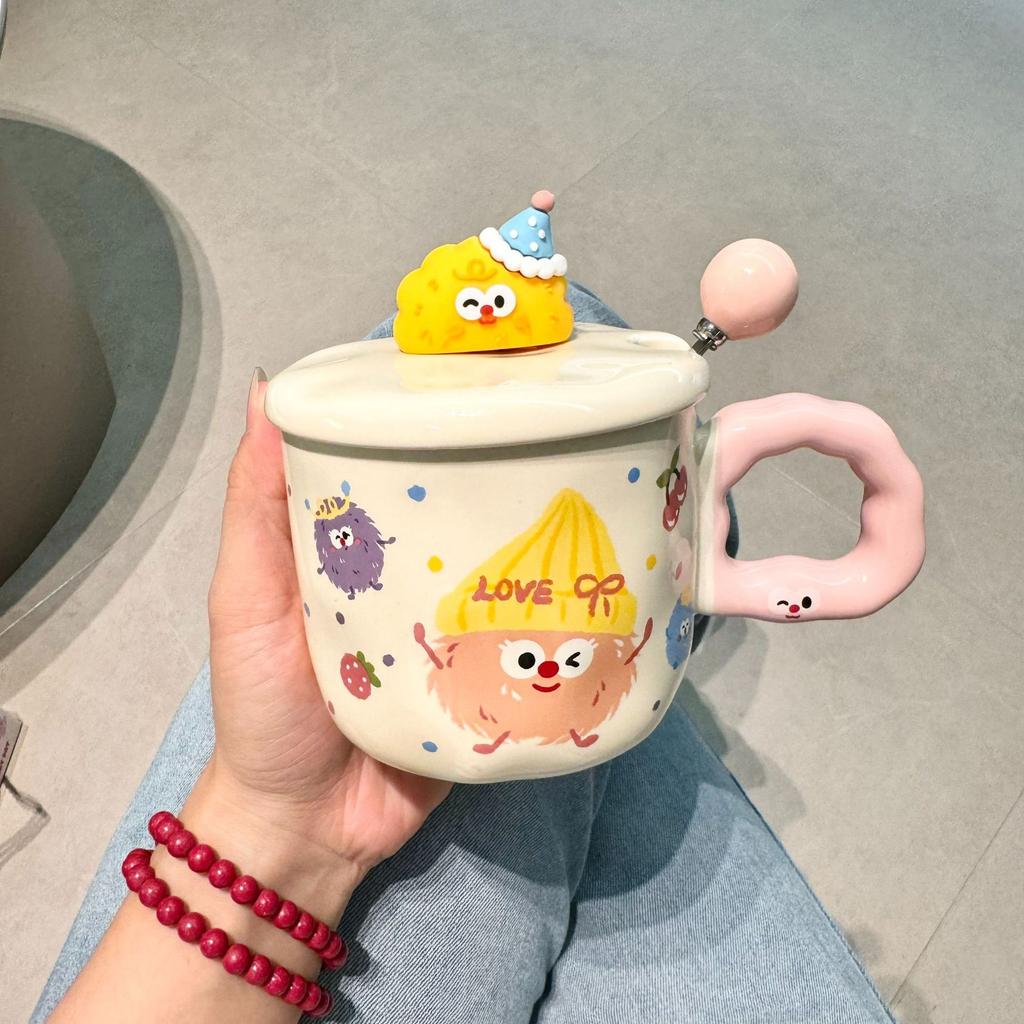 High-value Ceramic Cup with Lid and Spoon, Cute Water Cup, Female Mug, Home Office Coffee, Breakfast Cup