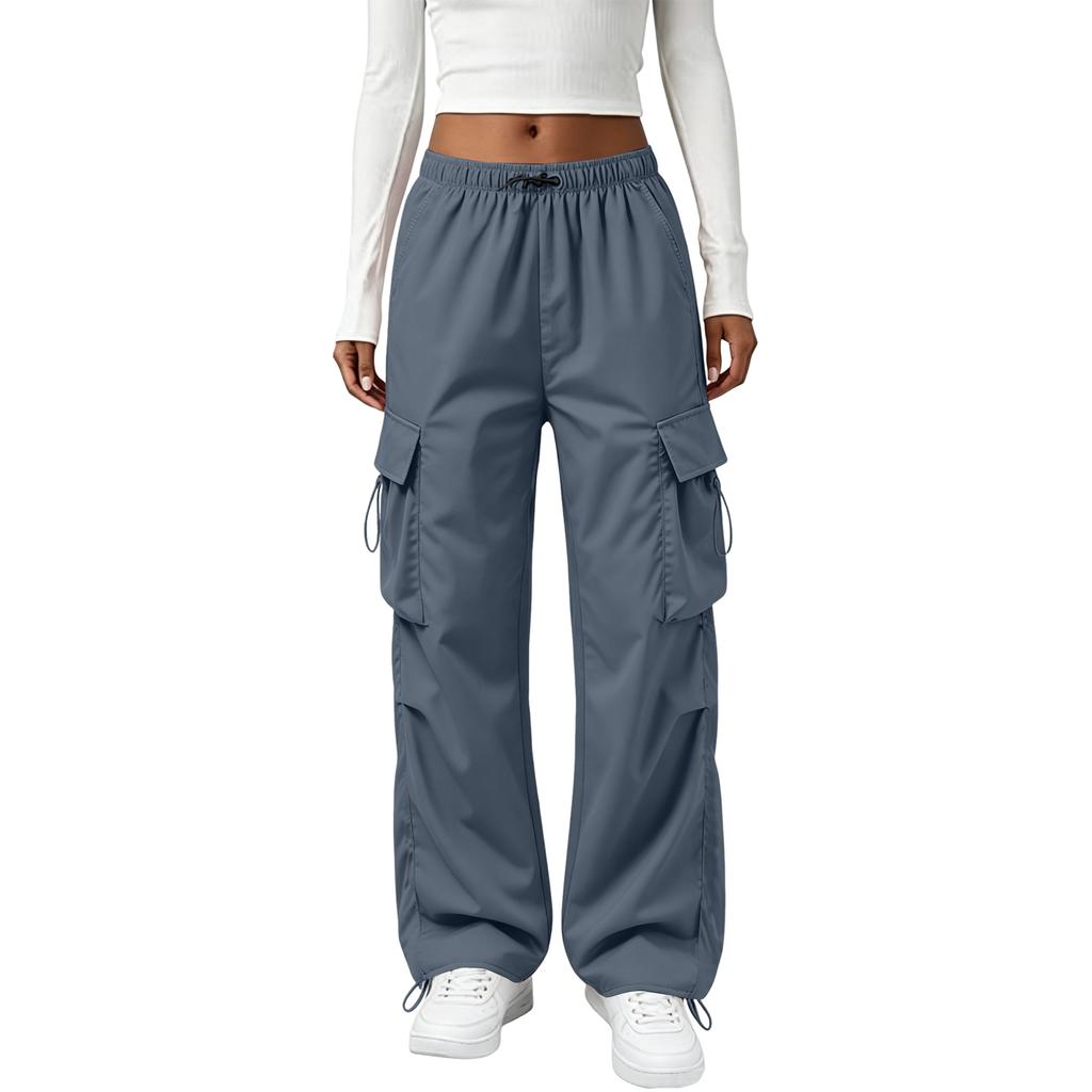Women's Vintage Straight Leg Cargo Pants Elastic Waistband Drawstring Adjustable Hem Utility Workwear Trousers