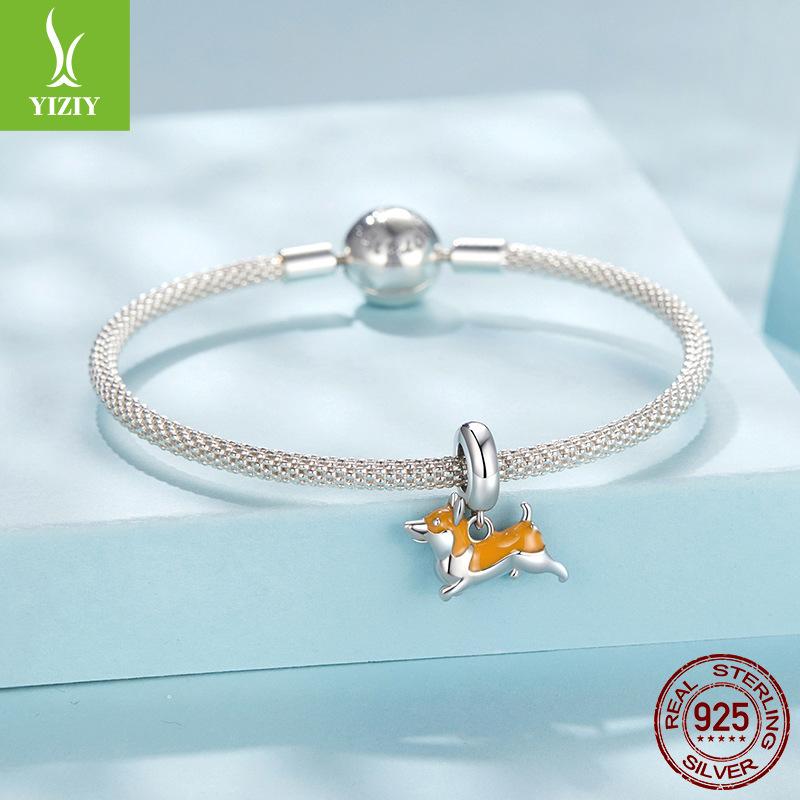 S925 Sterling Silver Cute Pet Puppy Corgi Pendant Diy Necklace Bracelet Beaded Fashion Loose Bead Accessories
