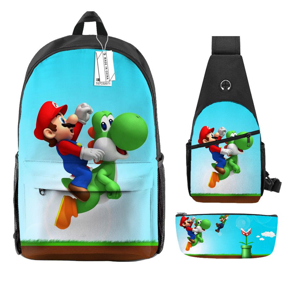 Animation Backpack, Super Mary Primary School Student Print Children'S Backpack Satchel Pencil Case Three-Piece Set