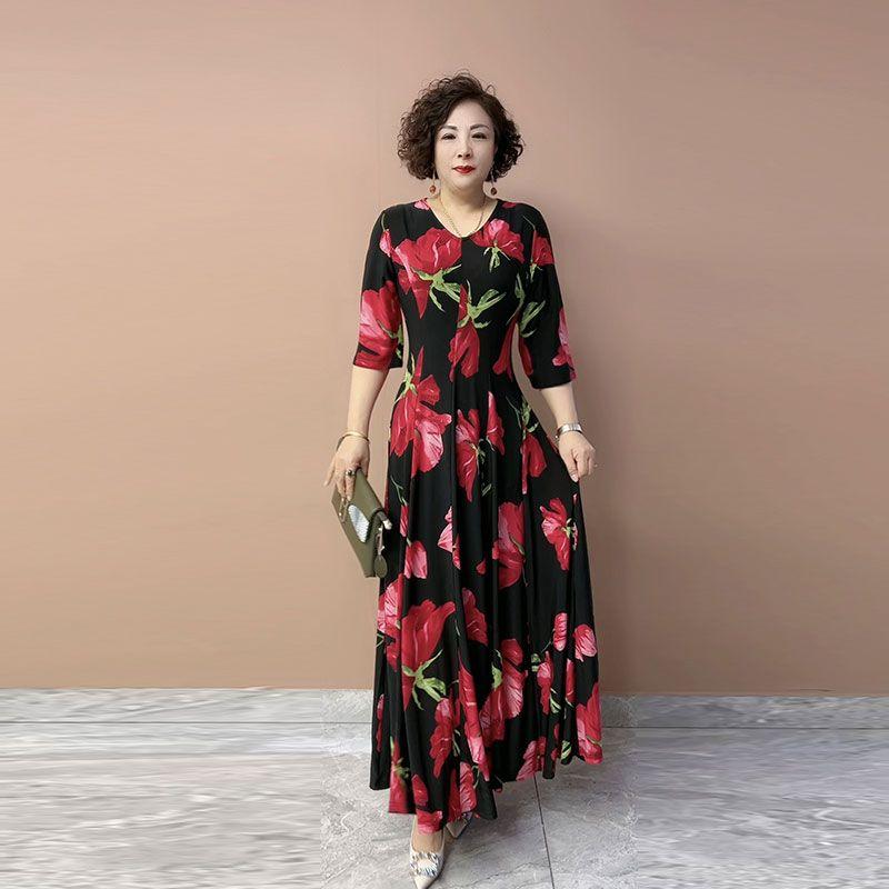 Summer Women's V-Neck Floral Casual Dress Ice Silk Linen High Elastic Long Dress A-Line Plus Size Dress