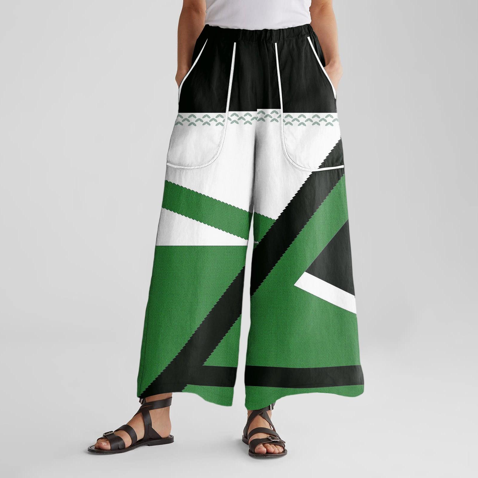 

Женские брюки широкие от бедра с эластичным поясом, ретро-принтом, большими накладными карманами, лоскутные свободные брюки L