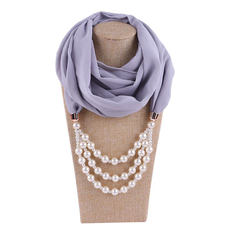 Elegant Chiffon Scarf Necklace with Double Layer Pearl Beads – Classic Women’s Fashion Accessory for Everyday & Formal Wear