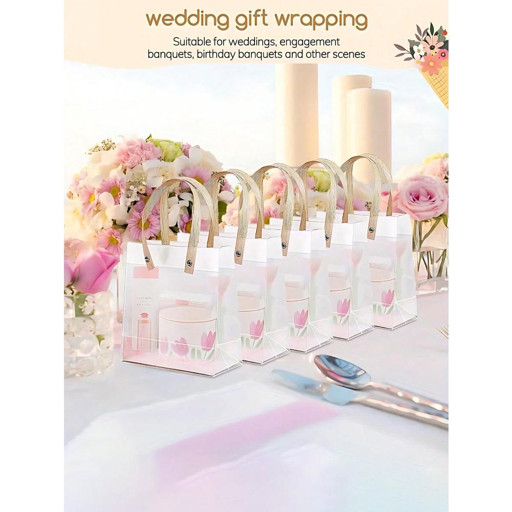 1pc Transparent Gift Bags with Handles, Reusable Plastic Bags with Brown Straw Handles, Translucent Frosted Gift Bags for Valentine's Day