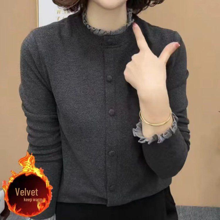 

Thick Plush Half-High Collar Lace Long Sleeve Slim-Fit T-Shirt for Autumn/Winter M (80-90 Jin)