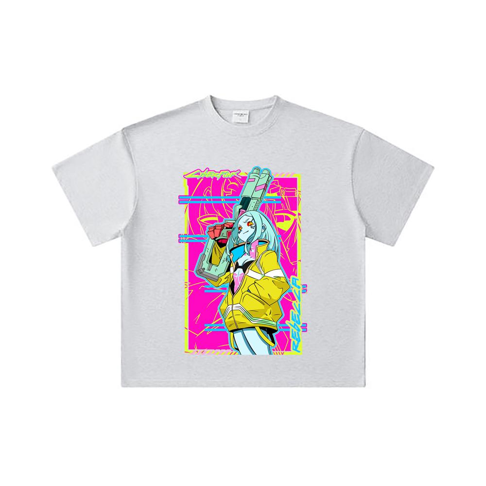 260 GSM Doppelgarn 32er Zählung 100% Baumwolle Cyberpunk Edgerunners V6 Rebecca Druck Unisex Schweres Baumwoll-T-Shirt