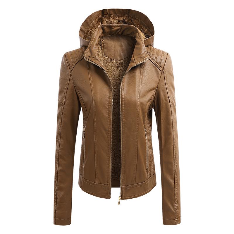 2022 Women's PU Leather Jacket with Detachable Hood - Stylish European & American Fashion Coat