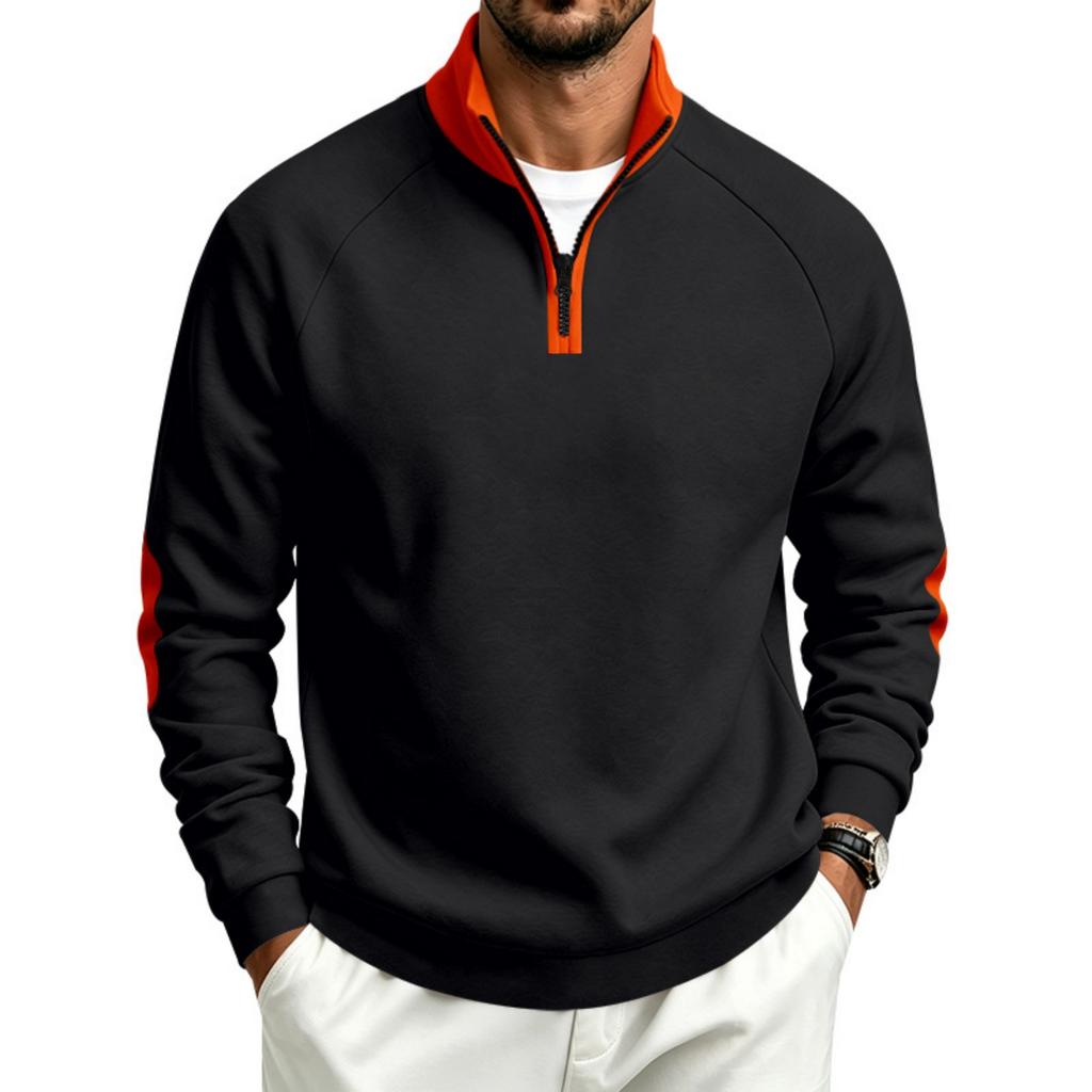 Men's Casual Half-Zip Sweatshirt with Color Block Patches and Stand Collar for Fall Winter