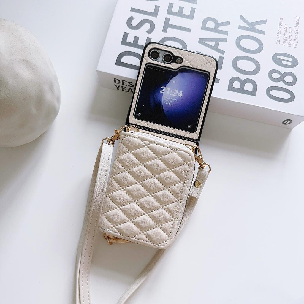 For Samsung Galaxy Z Flip5 5G Phone Case Card Bag PU Leather+PC Cover with Crossbody Strap