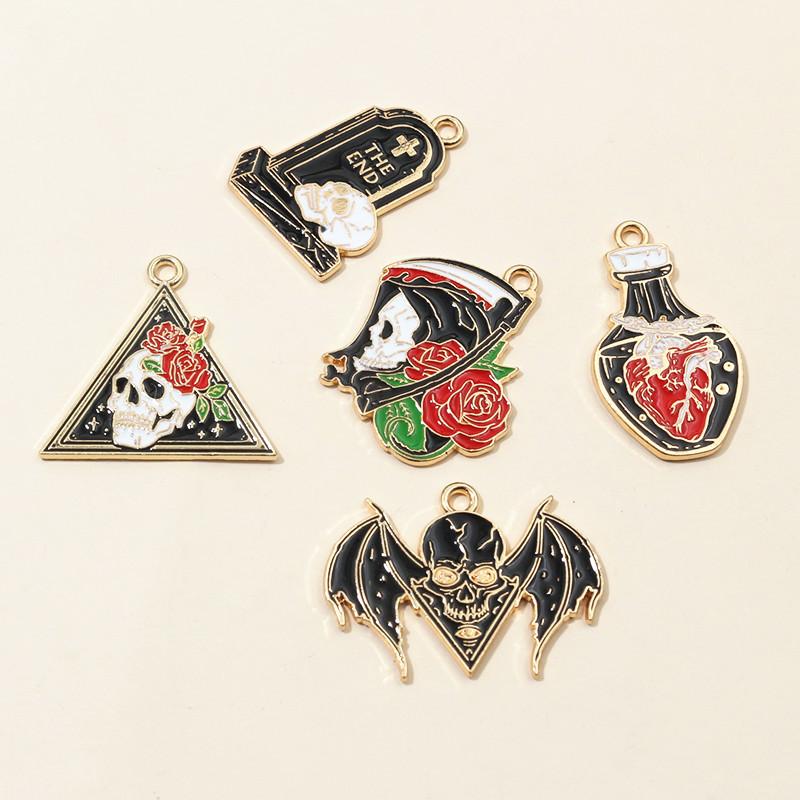 10pcs Flower Skull Tombstone Charms Pendant Enamel Gothic Punk Style DIY Jewelry Making Accessories Necklace Bracelet Findings