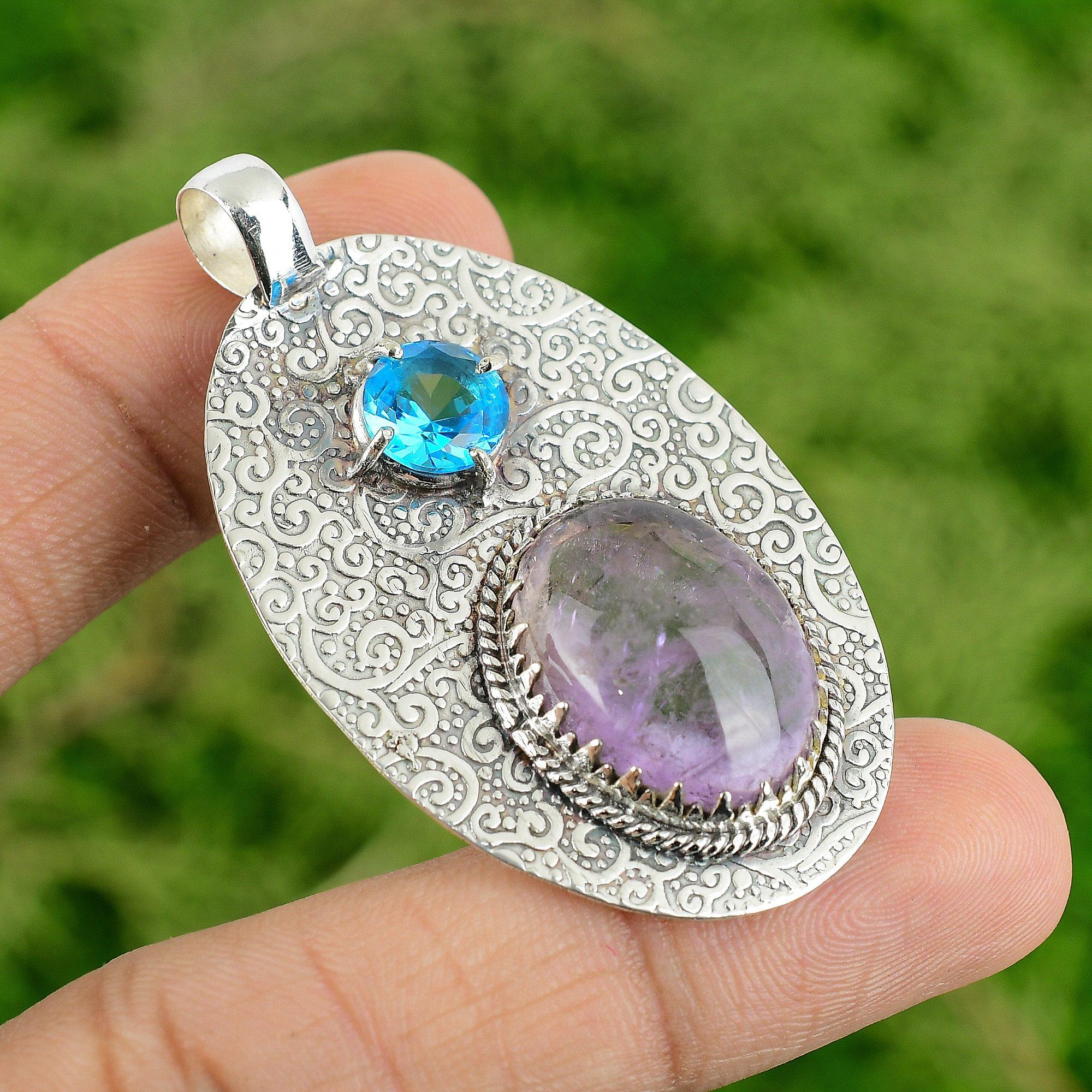 

Natural African Amethyst Swiss Blue Topaz 925 Sterling Silver Handmade Pendant