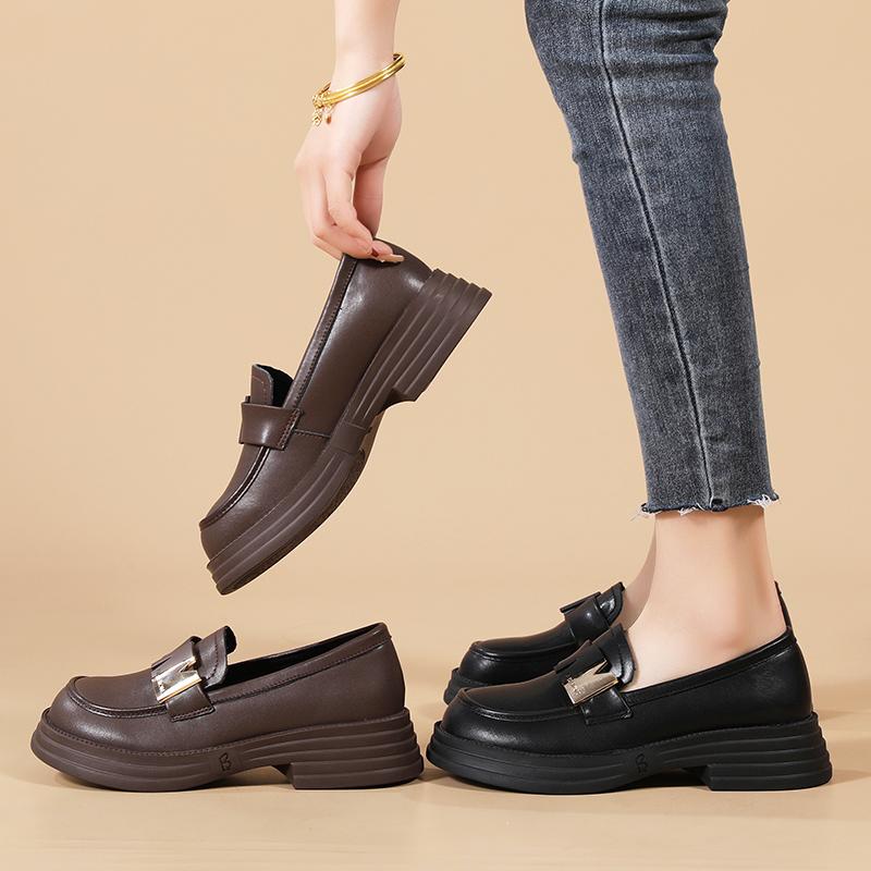 Retro Women Leather Shoes Low-cut Slip-on Loafers Waterproof Ladies Elegant Chunky Shoes for Walking Traveling Non-slip Soft Sole