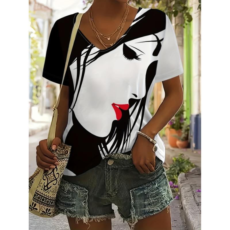 Women s summer top stylish portrait print short-sleeved casual T-shirt S