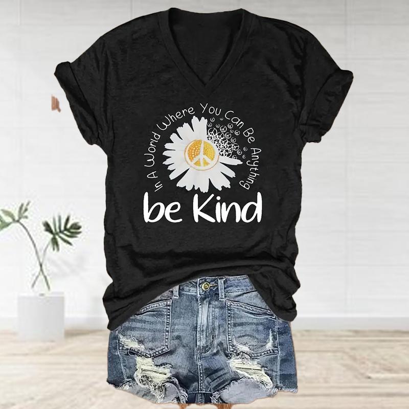 Be Kind Painting Blouses Short Sleeved V-Neck T Shirts Casual