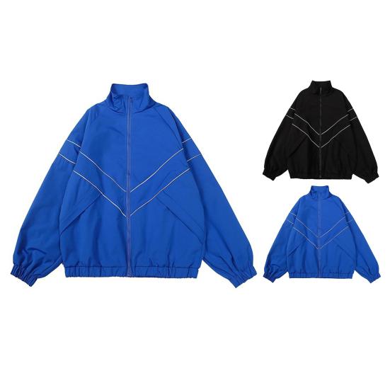 Men Spring Autumn Jacket Coat Stand Collar Long Sleeve Solid Color Reflective Striped Jacket Streetwear