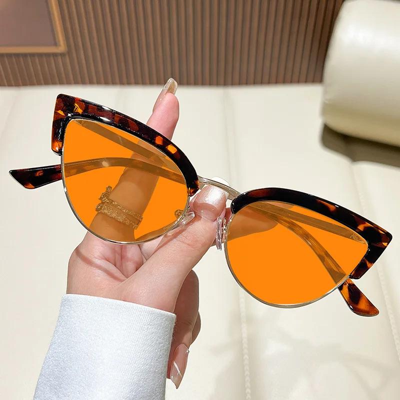 Metal Half-Frame Night Vision Anti-Blue Light Glasses Orange & Red Lenses Unisex Fashion Cat-Eye Gaming Eye Protection Glasses