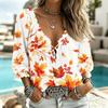 Women's Casual V-Neck Printed Blouse with Three-Quarter Sleeves and Tie Ruffle