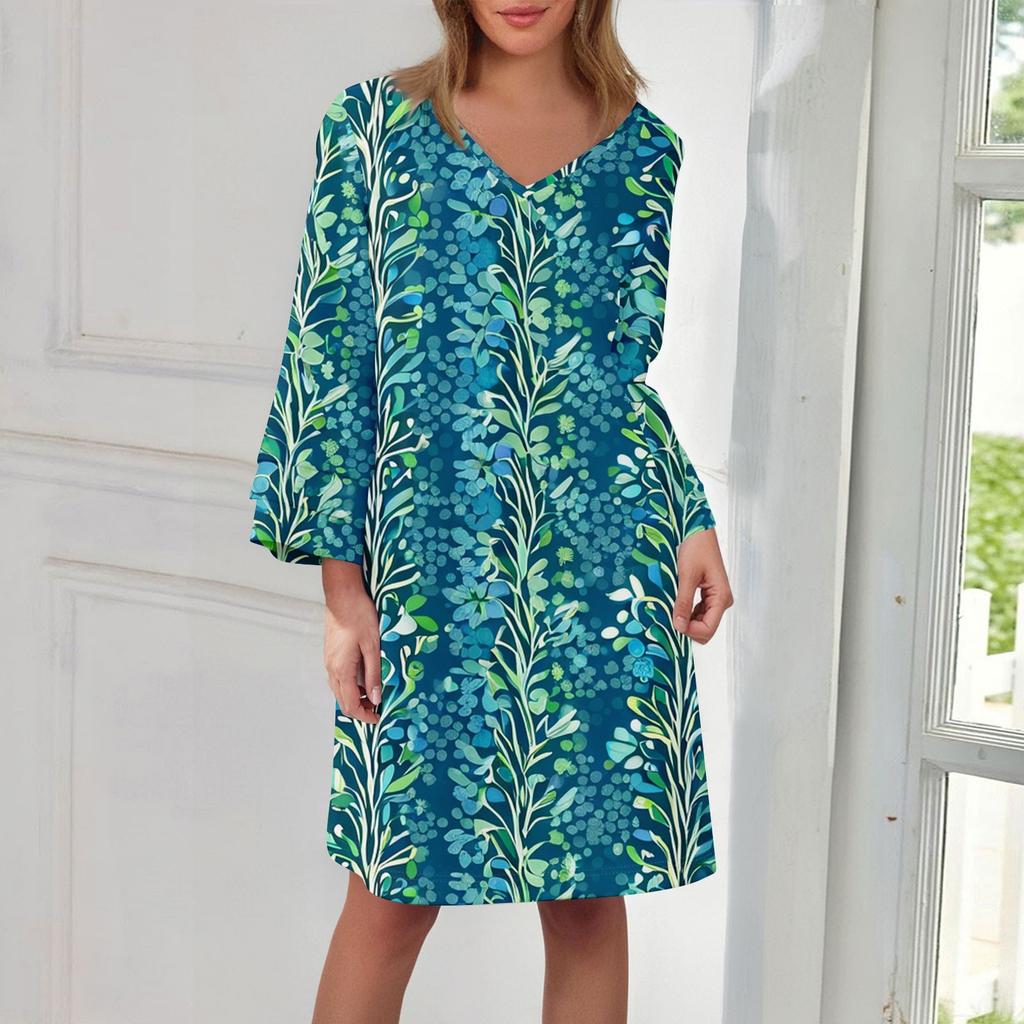 Women's Fashion Casual Round Neck Three-quarter Sleeve Midi Dress
