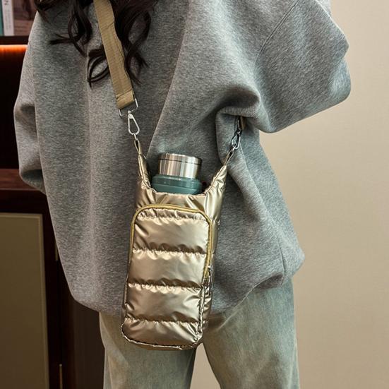 Water Cup Bag with Wide Shoulder Strap Double Zippered Pockets Waterproof Fabric Adjustable Strap Quilted Fabric Phone Bag
