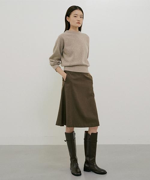 Lingseoul Midi Flared Skirt-Brown