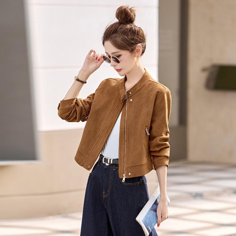 Stand-up collar short suede jacket women, autumn new retro casual versatile front shoulder jacket top
