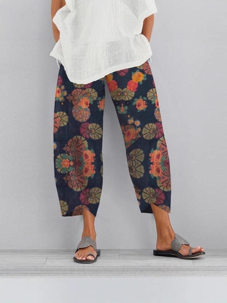 In Stock S-5XL Women's Casual Multi-color Print Loose Pants with Pockets - European/American Spring & Summer Fashion
