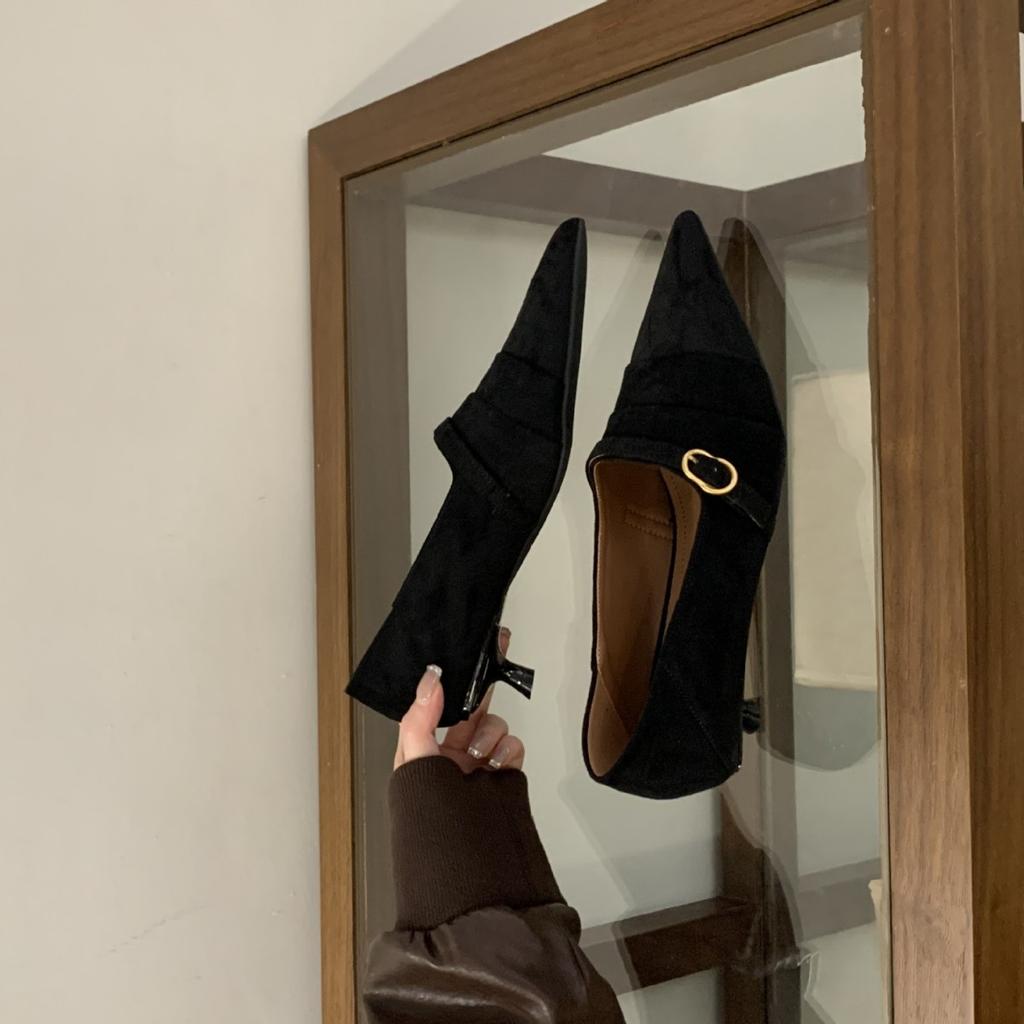 2025 New Pointed Suede One-word with Thin Heel Shallow Mouth Versatile OL Commuter Work Women's Shoes