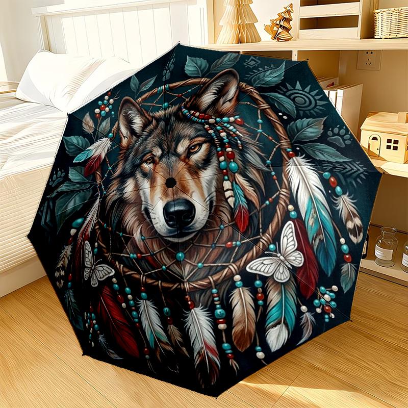 Indian Wolf Dreamcatcher Umbrella 8-Frame for Travel, camping, Casual Lightweight Portable Umbrella, Essential for every family Holidays Gift
