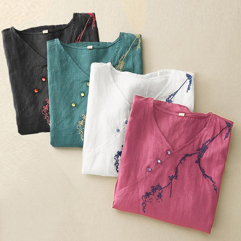 Dimanaf 2025 Women Summer Plus Size Loose T-Shirt Printing Short Sleeve V-Neck Linen Basic Thin Vintage Tops Tees Maxi