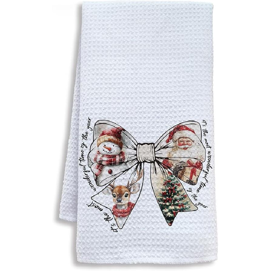 Pink Santa Winter Kitchen Towels, Snowflake Winter Dish Tea Towels for Kitchen, Funny Christmas Santa Claus Holiday Decorative Hand Towel for