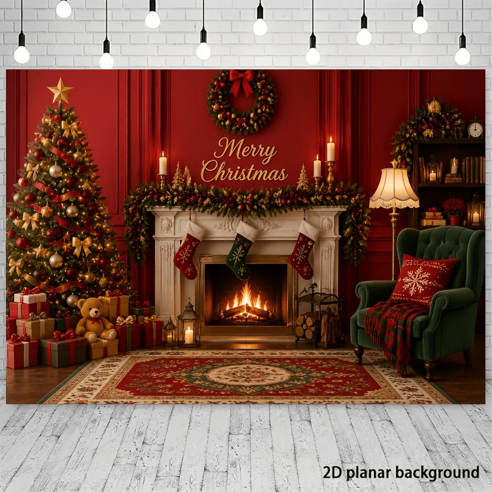1Pcs Christmas Tree Fireplace Decoration Background Winter Backdrop Decorations For Photo Studio Photo Booth Christmas Party