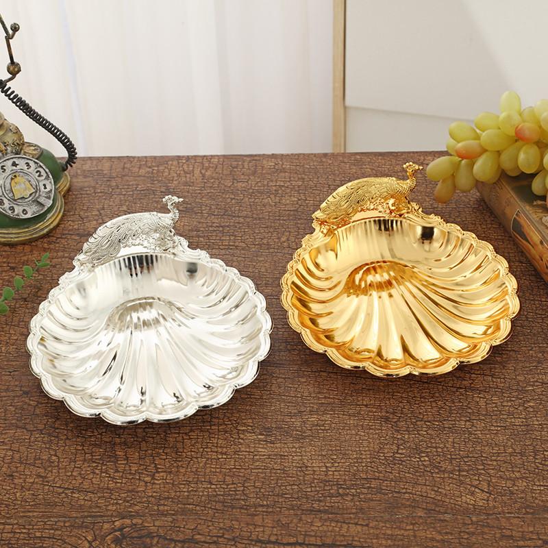 Golden Peacock Relief Design Shell Trays Decorative, Fruit Tray, Snacks, Metal Tray, Home Desktop Organizer, Kitchen Storage Box