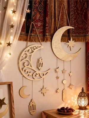 1 Stück Ramadan Mond Stern Wandbehang Islamische Hohle Holzdeko mit Laternen Festliche Heimdeko Ramadan & Eid Wanddekorationen